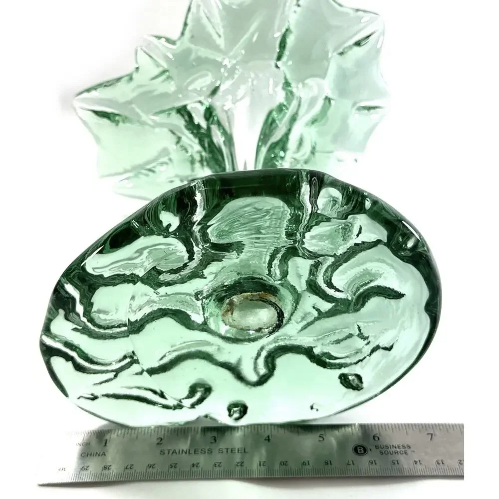 Vintage Recycled Green Art Glass Pedestal Vase Bowl Hand Blown 8” Organic